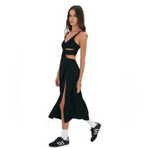 For Love & Lemons Crossover Front Keyholes Side Slit Slinky Midi Dress Black Med